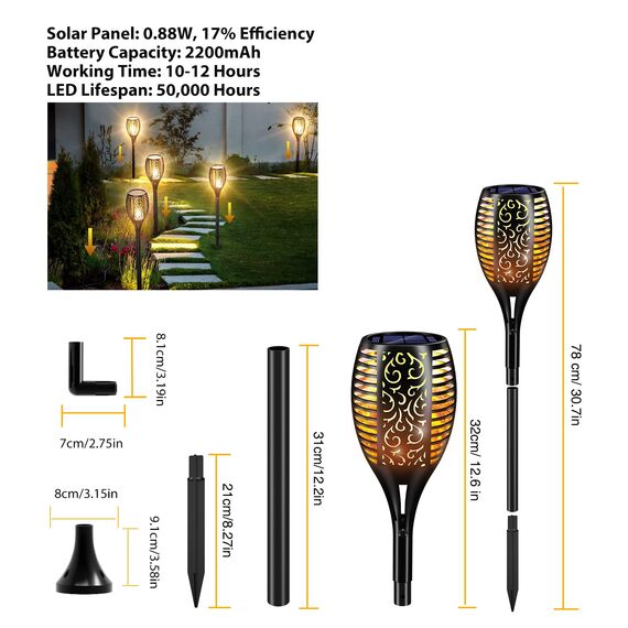 Lafhome Solar Flammenlicht für Außen, 96LED Solarleuchten mit Wasserdicht IP65, Solarlampen für Außen mit Realistischen Flammen Automatische EIN/Aus Warmlicht für Garten Weg Hof (4 Stück)