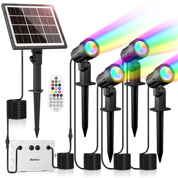 MEIHUA Solar Strahler RGB mit Fernbedienung IP66 Wasserdichte 10 Farben 30 Zyklus-Modi Gartenbeleuchtung Bunt Timer Gartenleuchte für Außen Gärten Pfad Weihnachtstag Dekoration Halloween 4 Stück