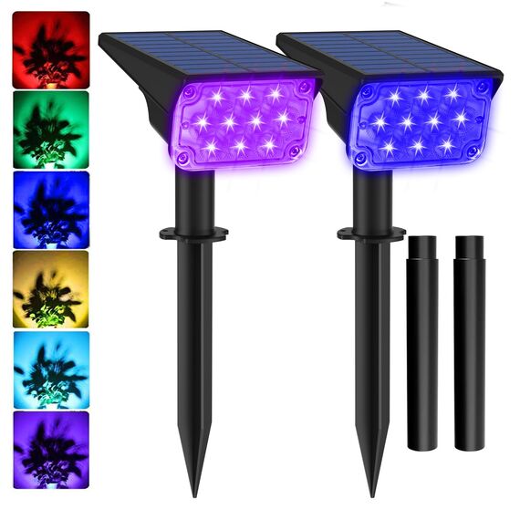 T-SUNUS Solarstrahler für Außen Garten RGB, Gartenstrahler Solar mehrfarbig 7 Farbwechsel 2 Farbmodi, Solarlampen für Außen IP65 Wasserdicht Auto ON/OFF für Baum Hof Gehweg