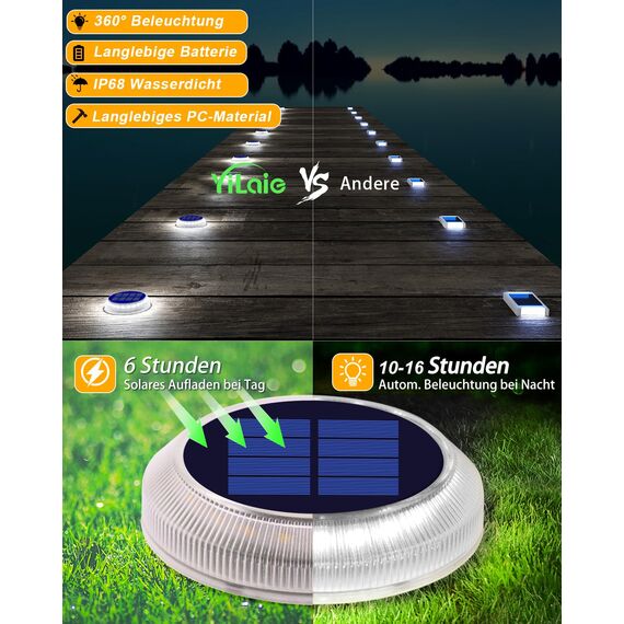 YiLaie Solarleuchten für Außen, Solarlampen für Außen garten 360° LED Solar Treppe Licht IP68 Wasserdicht mit Auto On/Off Solar Weg Licht, Weiß Licht 5700K, 4 Stück