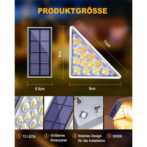 Bellanny Solarlampen für Außen, 18 Stück 3000K Warmweiß Solar Treppenlicht, 13 LED Stufenleuchte Solarleuchten Garten, IP65 Wasserdichte Lampe Outdoor für Terrasse Gehweg Treppe Wege Boden Balkon Deko
