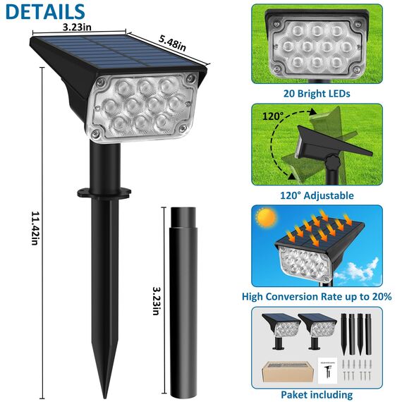T-SUNUS Gartenstrahler Solar, Solarlampen für Außen, IP65 Wasserdicht Auto ON/OFF 2 Helligkeitsmodi, Solar Gartenleuchte für Baum Gartenweg Auffahrt Hof 2 Stück