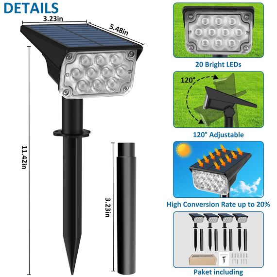 T-SUNUS Solarstrahler für Außen, 20 LEDs Solarlampen für Außen Garten, IP65 Wasserdicht 2 Helligkeitsmodi, Gartenstrahler Solar für Hof Baum Weg Eingang 4 Stück Grün