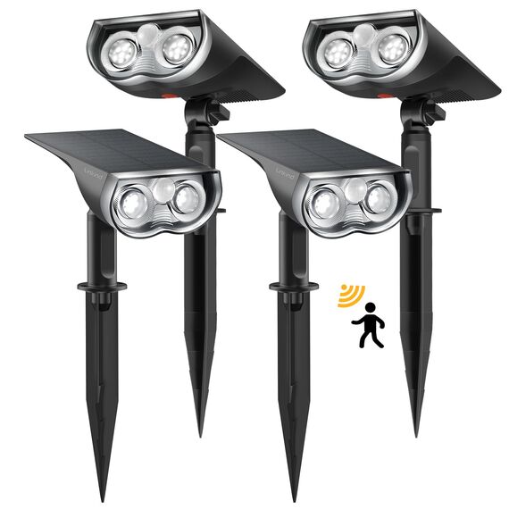 Linkind solarlampen Solar Strahler mit Bewegungsmelder 6500K Kaltweiß, 3 Modi (inkl. Dauerlicht), 1000Lm Helle Solar Aussenlampen von 2 Montage, IP67 Gartenstrahler für Weg, 4 Stück