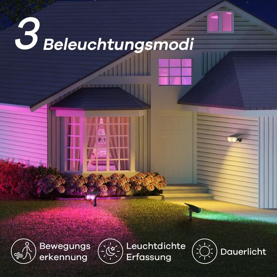 Linkind Intelligenter Bunt Solarstrahler für Außen Garten, 16Mio. Farbe RGBW Gartenleuchte mit Bewegungsmelder, Gruppensteuerbar, Musiksync, Rotlichtalarm, IP65 RGBTW Smart Solar Baumstrahler, 4 Stück