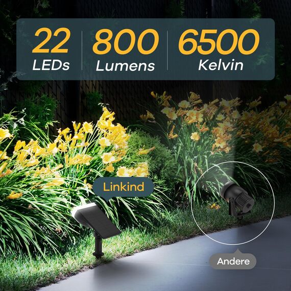 Linkind LED Solarlampen für Balkon, 6500K Tageslichtweiß Solarleuchte Licht-Sensorik Gartenstrahler, IP65 Wasserdicht Außenwandleuchte 800LM Solar Strahler für Palmen, Hauswand, StarRay Serie, 2 Stück