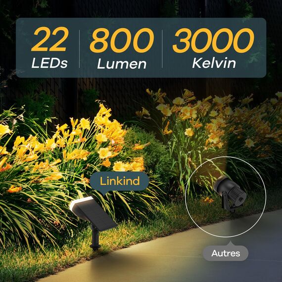 Linkind Solarlampen für Außen Garten 800Lm, 3000K Warmweiß Solar Strahler, IP65 Wasserdicht Gartenleuchten 22-LEDs, 3 Helligkeit Solarleuchten für Außen Garten, Hof, Gehweg, 6 Stück