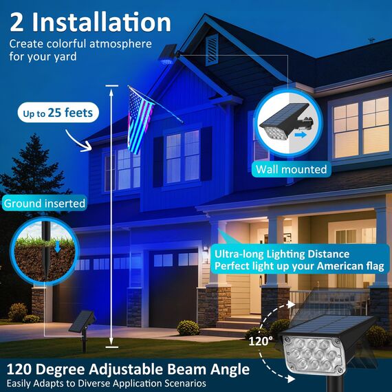 T-SUNUS Solarstrahler für Außen Garten RGB, Gartenstrahler Solar mehrfarbig 7 Farbwechsel 2 Farbmodi, Solarlampen für Außen IP65 Wasserdicht Auto ON/OFF für Baum Hof Gehweg