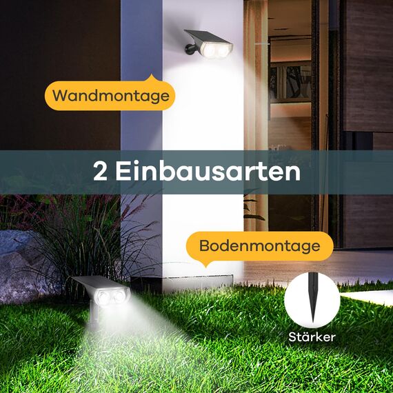 Linkind LED Solarlampen für Balkon, 6500K Tageslichtweiß Solarleuchte Licht-Sensorik Gartenstrahler, IP65 Wasserdicht Außenwandleuchte 800LM Solar Strahler für Palmen, Hauswand, StarRay Serie, 2 Stück
