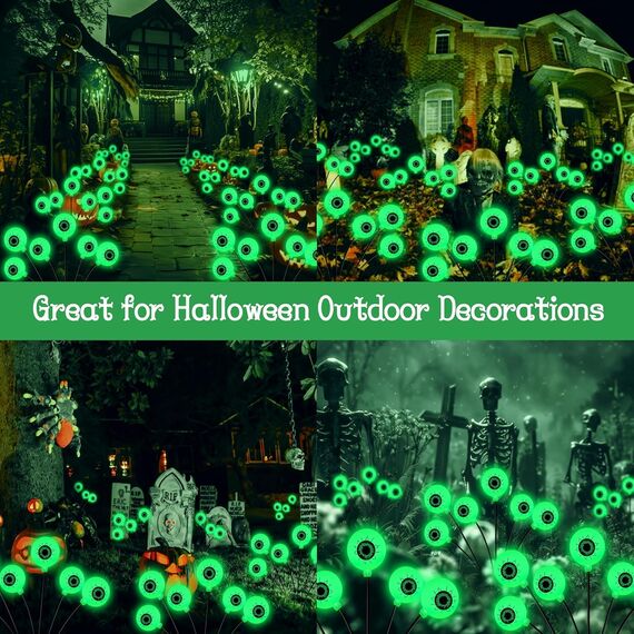 YJFWAL 4 Stück Halloween Deko Licht Outdoor, 6 LED Augäpfel Grüne Halloween LED Lichter Solar Gartenlichter Dekoration Lichterkette für Draußen Innen Spukhäuser und Partyzubehör Solarlampen für Außen
