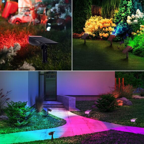 Linkind Bunt Solarlampen für Außen, RGB+Weiß Solar Strahler Garten mit 10 Lichtmodi, Solar Außenleuchte 2 in 1 Montage, Dusk to Dawn IP65 Solarleuchte StarRay für Bäume, Vorgarten, Hof, 2 Stück