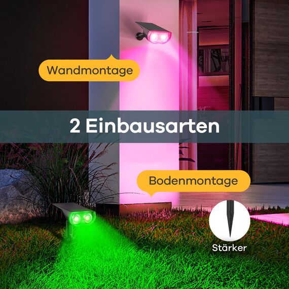 Linkind Bunt Solarlampen für Außen, RGB+Weiß Solar Strahler Garten mit 10 Lichtmodi, Solar Außenleuchte 2 in 1 Montage, Dusk to Dawn IP65 Solarleuchte StarRay für Bäume, Vorgarten, Hof, 2 Stück