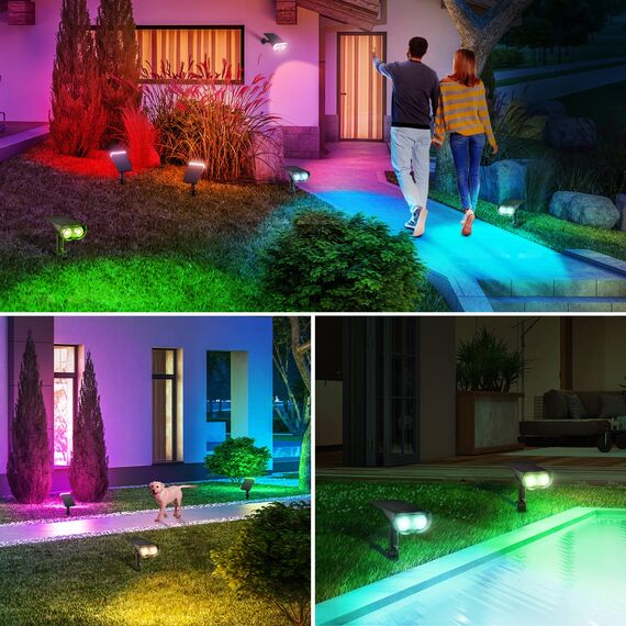 Linkind Bunt Solarlampen für Außen, RGB+Weiß Solar Strahler Garten mit 10 Lichtmodi, Solar Außenleuchte 2 in 1 Montage, Dusk to Dawn IP65 Solarleuchte StarRay für Bäume, Vorgarten, Hof, 2 Stück