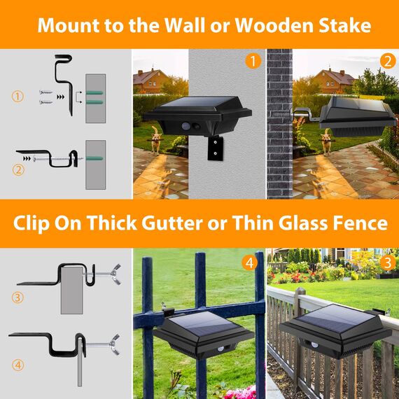 KEENZO LED Dachrinnenlampe, Solar Dachrinnenleuchte, 25 LEDs, 2W, PIR-Sensor, Schwarz,Kaltweißes Licht (Warmes Weiß Licht-4er-Set)
