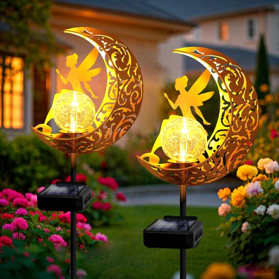 YJFWAL Mond-Solarleuchten Garten Solarlampen für Außen, 2 Stück Gartendeko Blumenfee Figuren Wasserdichte Solarleuchte Garten Deko Elfe Metall LED Pfahlpfad Deko Leuchten Balkon Weihnachten Deko