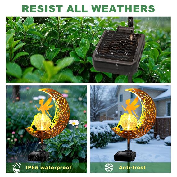 YJFWAL Mond-Solarleuchten Garten Solarlampen für Außen, 2 Stück Gartendeko Blumenfee Figuren Wasserdichte Solarleuchte Garten Deko Elfe Metall LED Pfahlpfad Deko Leuchten Balkon Weihnachten Deko
