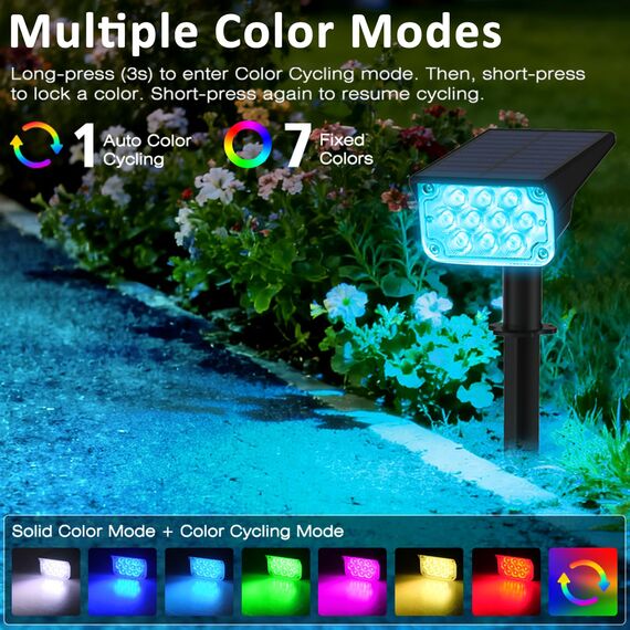 T-SUNUS Solarstrahler für Außen Garten RGB, Gartenstrahler Solar mehrfarbig 7 Farbwechsel 2 Farbmodi, Solarlampen für Außen IP65 Wasserdicht Auto ON/OFF für Baum Hof Gehweg