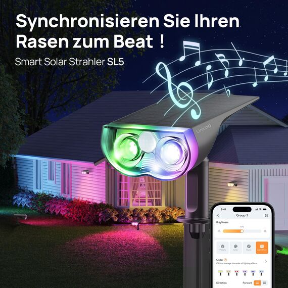Linkind Intelligenter Bunt Solarstrahler für Außen Garten, 16Mio. Farbe RGBW Gartenleuchte mit Bewegungsmelder, Gruppensteuerbar, Musiksync, Rotlichtalarm, IP65 RGBTW Smart Solar Baumstrahler, 4 Stück