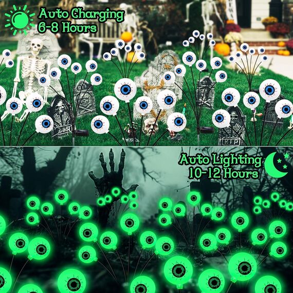 YJFWAL 4 Stück Halloween Deko Licht Outdoor, 6 LED Augäpfel Grüne Halloween LED Lichter Solar Gartenlichter Dekoration Lichterkette für Draußen Innen Spukhäuser und Partyzubehör Solarlampen für Außen