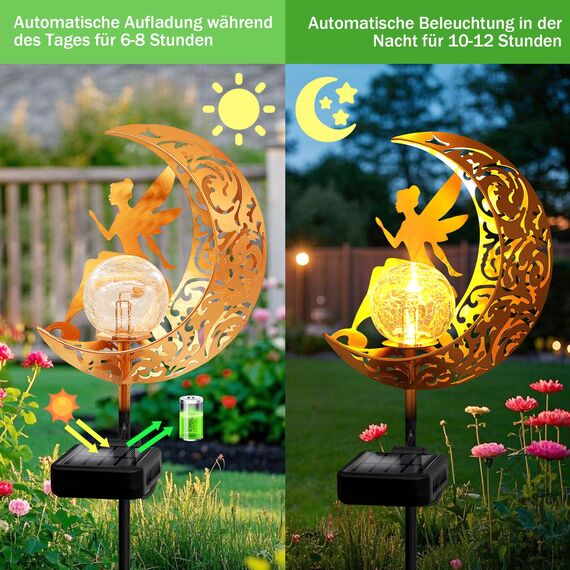 YJFWAL Mond-Solarleuchten Garten Solarlampen für Außen, 2 Stück Gartendeko Blumenfee Figuren Wasserdichte Solarleuchte Garten Deko Elfe Metall LED Pfahlpfad Deko Leuchten Balkon Weihnachten Deko