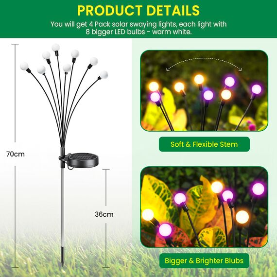 GEARLITE Firefly Solarlampen für Außen Garten 4 Stück, 32 LED Superhelle 2 Lichtmodi Glühwürmchen Solarleuchten für Außen mit Warmweißem Licht IP65 Wasserdicht Schwingende Garten Deko