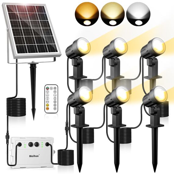 MEIHUA Solarstrahler für Außen mit Fernbedienung 2700K 4000K 6500K Solar Gartenleuchte IP66 Wasserdichte 3 Helligkeit 2 Dynamische Modi Timer Gartenbeleuchtung für Gärten Bäume Weihnachten Halloween