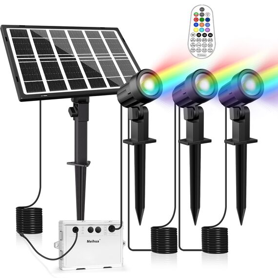 MEIHUA RGB Solar Strahler 3 Stücke Gartenleuchte mit Fernbedienung, IP66 Wasserdicht Solarlampen für Außen10 Farben 30 Modi Mit Timer Farbewechsel Gartenbeleuchtung Solar für Gärten, Weg, Halloween