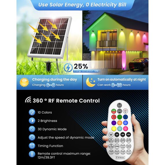 MEIHUA Solarlampen für Außen 6 Stück, Solar Strahler RGB Gartenleuchte mit Fernbedienung, IP66 Wasserdichte 10 Farben 30 Zyklus-Modi RGB Gartenbeleuchtung für Gärten Weihnachten Halloween Dekoration