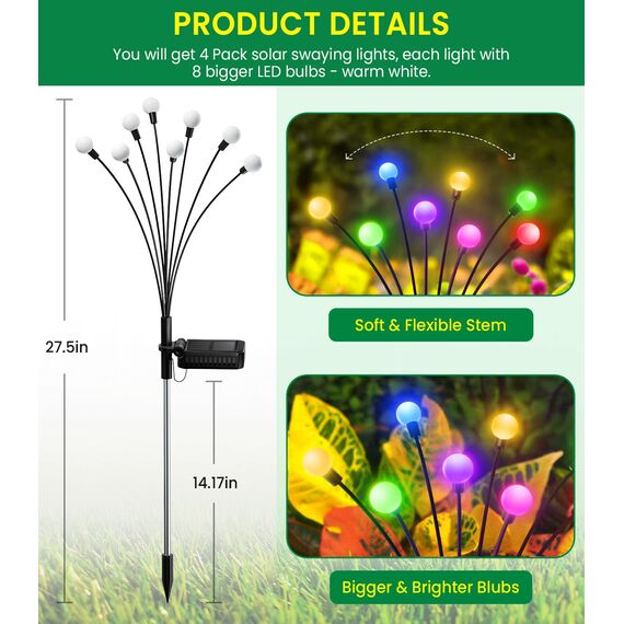 GEARLITE Firefly Solarlampen für Außen Garten 4 Stück, 32 Buntes Led Superhelle Glühwürmchen Weihnachten Aussen Solar, IP65 Wasserdicht Schwingende Garten-Deko für Outdoor Weihnachtsdeko Pathway Yard