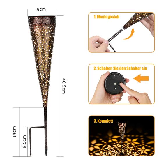 Metall Solarleuchten Garten, 2 Stück Solarlampen für Außen Garten Deko, LED Gartenleuchten Solar Warmweiß IP65 Wasserdicht für Balkon Blumenkästen Rasen Weg Weihnachten (Rostoptik)