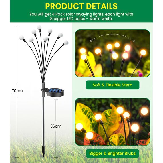 GEARLITE Firefly Solarlampen für Außen Garten 4 Stück, 32LED Superhelle 2 Lichtmodi Glühwürmchen Solarleuchten für Außen mit Warmweißem Licht IP65 Wasserdicht Schwingende Garten-Deko für Pathway Yard