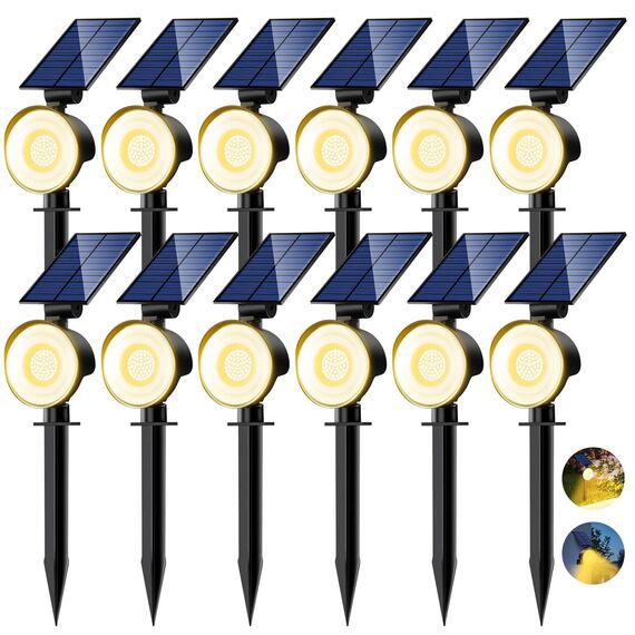 nipify Solarlampen für Außen Garten, 12 Stück 53 LED Solar Strahler Gartenleuchten IP65 Wasserdicht, 3 Helligkeit Warmweiß Solarleuchten Aussenleuchte für Aussen Wege Wand Outdoor