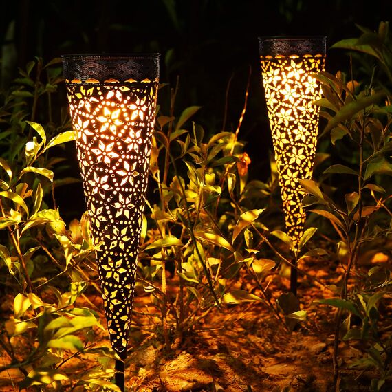 Metall Solarleuchten Garten, 2 Stück Solarlampen für Außen Garten Deko, LED Gartenleuchten Solar Warmweiß IP65 Wasserdicht für Balkon Blumenkästen Rasen Weg Weihnachten (Rostoptik)