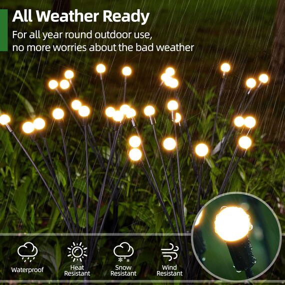 GEARLITE Firefly Solarlampen für Außen Garten 4 Stück, 32LED Superhelle 2 Lichtmodi Glühwürmchen Solarleuchten für Außen mit Warmweißem Licht IP65 Wasserdicht Schwingende Garten-Deko für Pathway Yard