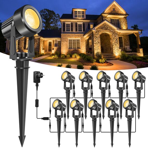 NATPOW Gartenbeleuchtung mit Strom, 10er Set/23M Warmweiß 3000K Gartenlampen für Draußen, 27V Gartenstrahler mit Erdspieß, IP65 Wasserdicht Gartenleuchten Set für Garten Rasen Pfad Bäume Außen