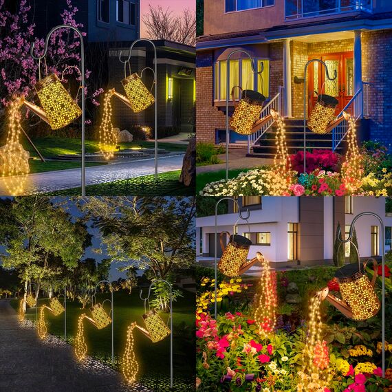 HELESIN Solarlampen mit Lichterkette Gießkanne Fairy Garden Light (2 Stück), LED Solar Giesskanne mit Lichterkette Aussen, Garten Kunst Lampe für Patio, Blumentopf und Rasen (Mit 2 Ständer)