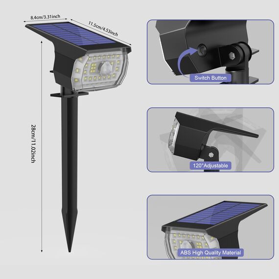 Solarlampen für Außen mit Bewegungsmelder, 2 Stück 43LED SolarStrahler IP65 Wasserdicht Solarleuchten für Außen Garten, 3 Modi Solar Gartenleuchten 6500K Kaltweiß Solar Strahler Aussen Weg Hof Gehweg
