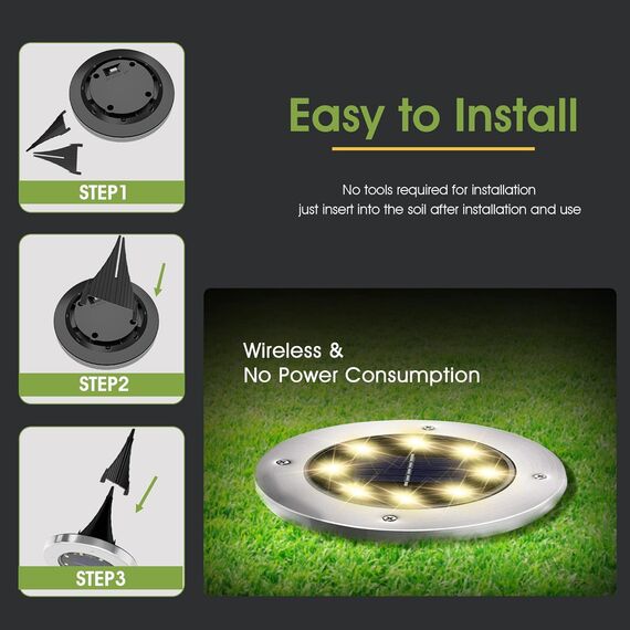 FLOWood 8 Stück Solar Bodenleuchte für Garten 8 LEDS Warmweiß Außenleuchte Wasserdicht Gartenleuchte Edelstahl Kunststoff ampe für außen Auffahrt Gehweg Patio Garden [Energieklasse A]