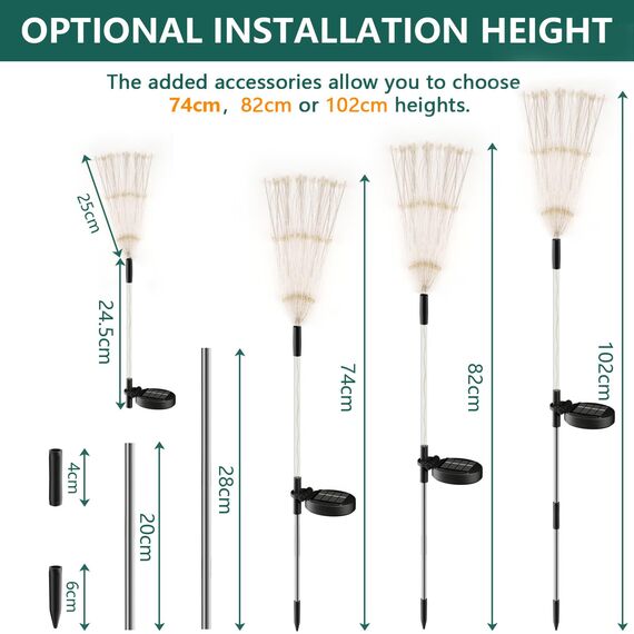Upgrade Solarleuchten für Außen Garten, 4 Stück 122LED Solar Gartenleuchten, Höhen Optional 82/102cm | Dynamische Feuerwerk Effekte | IP65 Wasserdicht Solarlampen für Außen Garten Wege Rasen Deko
