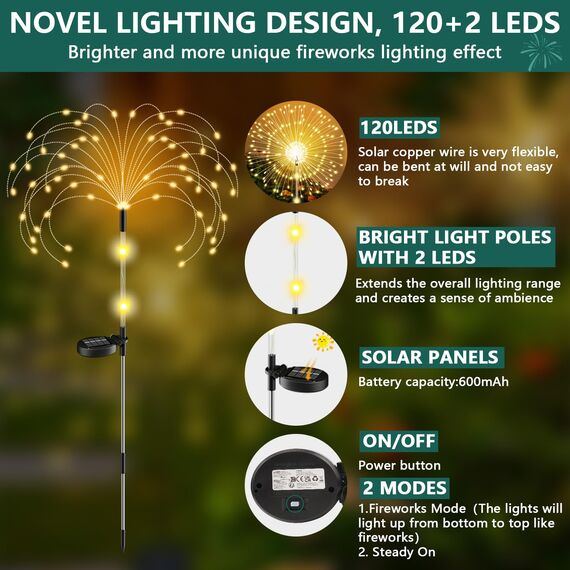 Upgrade Solarleuchten für Außen Garten, 4 Stück 122LED Solar Gartenleuchten, Höhen Optional 82/102cm | Dynamische Feuerwerk Effekte | IP65 Wasserdicht Solarlampen für Außen Garten Wege Rasen Deko