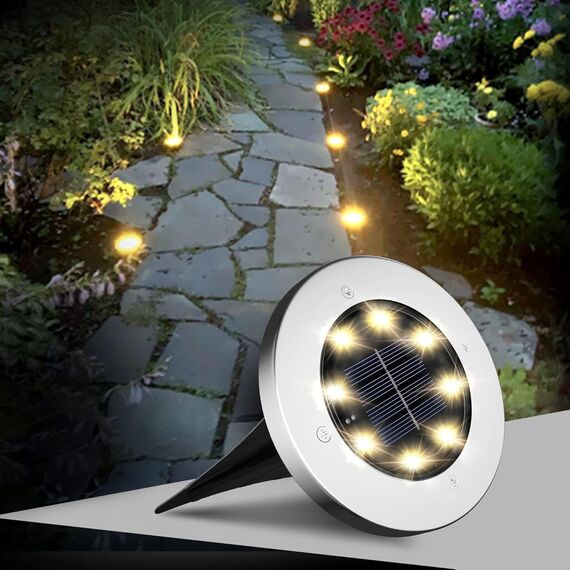 FLOWood 8 Stück Solar Bodenleuchte für Garten 8 LEDS Warmweiß Außenleuchte Wasserdicht Gartenleuchte Edelstahl Kunststoff ampe für außen Auffahrt Gehweg Patio Garden [Energieklasse A]