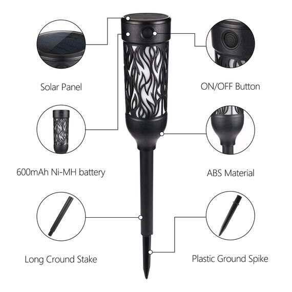 Moxled Solarlampen für Außen Garten, 6 Stück Solar Fackeln mit Realistischer Flammeneffekt, IP65 Wasserdicht Gartenfackeln Solarleuchten für Außen, Hinterhöfe, Gärten, Rasen Beleuchtung