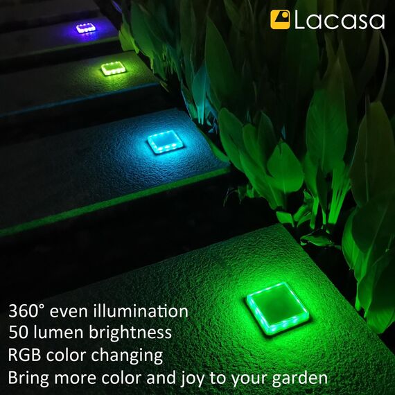 Lacasa 4-Stück Solar Bodenleuchten Aussen, Farbwechsel RGB LED Solarleuchten Garten Bodenleuchte, Eckig Solar Treppenbeleuchtung Außen Wasserdicht IP68 für Boden Weg Treppen Terrasse Beckenrand