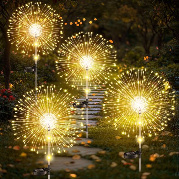 Upgrade Solarleuchten für Außen Garten, 4 Stück 122LED Solar Gartenleuchten, Höhen Optional 82/102cm | Dynamische Feuerwerk Effekte | IP65 Wasserdicht Solarlampen für Außen Garten Wege Rasen Deko