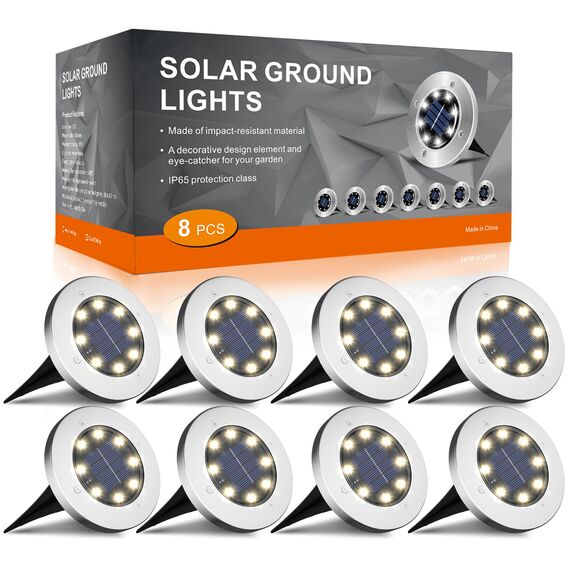FLOWood 8 Stück Solar Bodenleuchte für Garten 8 LEDS Warmweiß Außenleuchte Wasserdicht Gartenleuchte Edelstahl Kunststoff ampe für außen Auffahrt Gehweg Patio Garden [Energieklasse A]