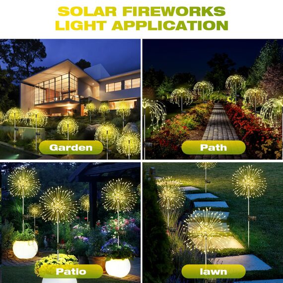 Gartendeko Solar Gartenleuchte Außen, 2 Stück 150 LED Solarleuchten Feuerwerk, 8 Modi Solarleuchten Pusteblume Solarlampen für Außen Garten Wege Rasen Balkon Deko (Warmweiß)