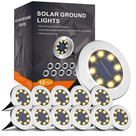 FLOWood 12 Stück Solar Bodenleuchte für Garten 8 LEDS Warmweiß Außenleuchte Wasserdicht Gartenleuchte Edelstahl Kunststoff ampe für außen Auffahrt Gehweg Patio Garden [Energieklasse A]