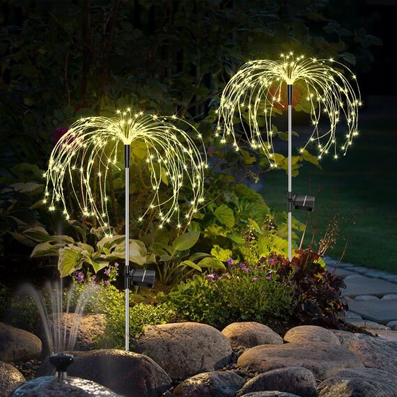 Gartendeko Solar Gartenleuchte Außen, 2 Stück 150 LED Solarleuchten Feuerwerk, 8 Modi Solarleuchten Pusteblume Solarlampen für Außen Garten Wege Rasen Balkon Deko (Warmweiß)