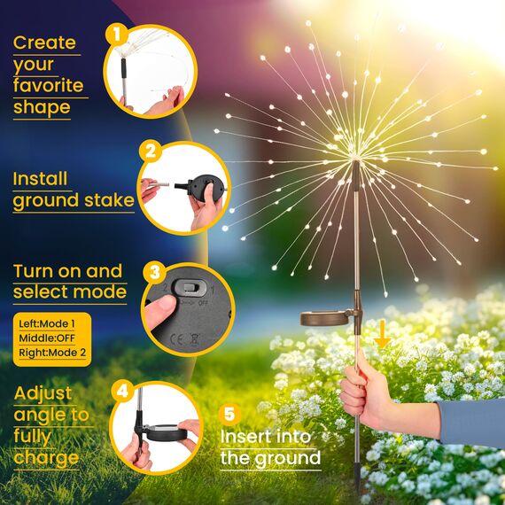 GIGALUMI Solarleuchten für den Außenbereich, 2 Stück, Solar-Feuerwerk-Lichter, wasserdicht, 120 LEDs, Solar-Starburst-Licht für Hof, Balkon, Terrasse, Pflanzgefäß, Gartendekoration (kaltweiß)