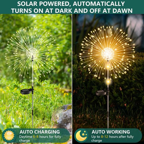 Upgrade Solarleuchten für Außen Garten, 4 Stück 122LED Solar Gartenleuchten, Höhen Optional 82/102cm | Dynamische Feuerwerk Effekte | IP65 Wasserdicht Solarlampen für Außen Garten Wege Rasen Deko